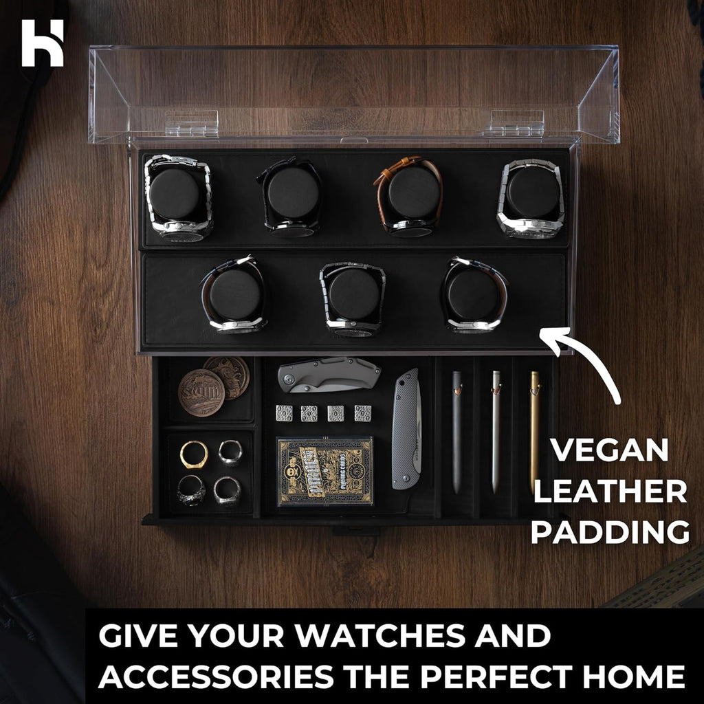Premium 7 Slot Watch Box for Men - Large Wooden Watch Display Case with Hinged Cover, Leather Lining & Drawer - Watch Holder Organizer Stand - Handcrafted Luxury Christmas Gift for Men
