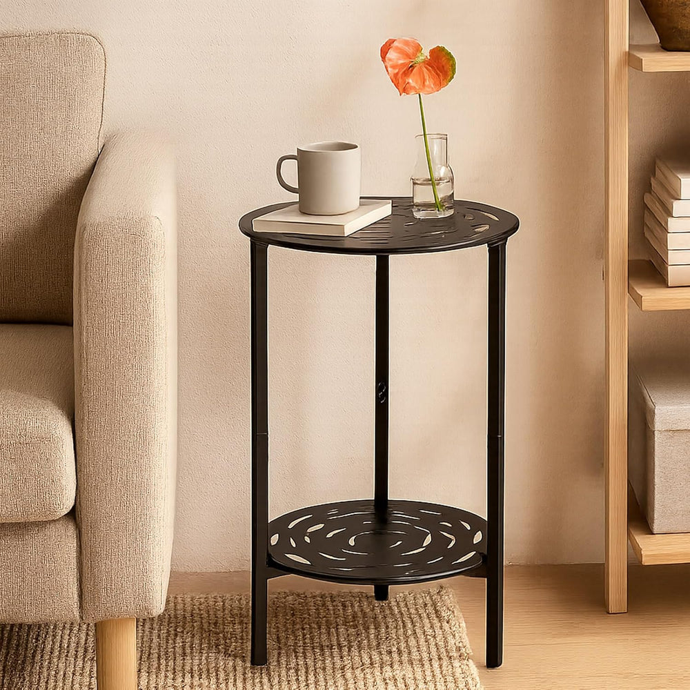 2-Tier Metal Round Side Table Black Accent Coffee Tables Small Space Corner P...