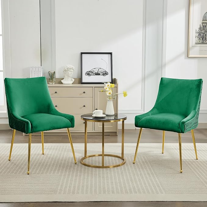 Velvet Dining Chairs Set of 4 Gold Legs,Upholstered Velvet Accent Chairs, Pleated Back Design & Gold Pull Handle, Mid Century Modern Chairs for Dining/Kitchen/Living Room,Green