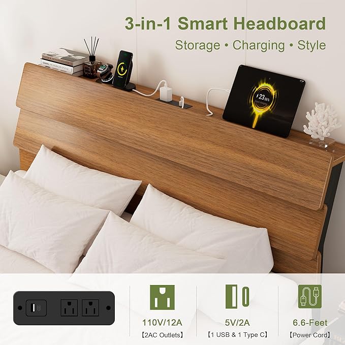 Feonase Floating Bed Frame Full with Led Lights and Charging Station, Wood Full Size Bed Frame with Storage Headboard, Heavy Duty Metal Slats, No Box Spring Needed, Easy Assembly,Walnut