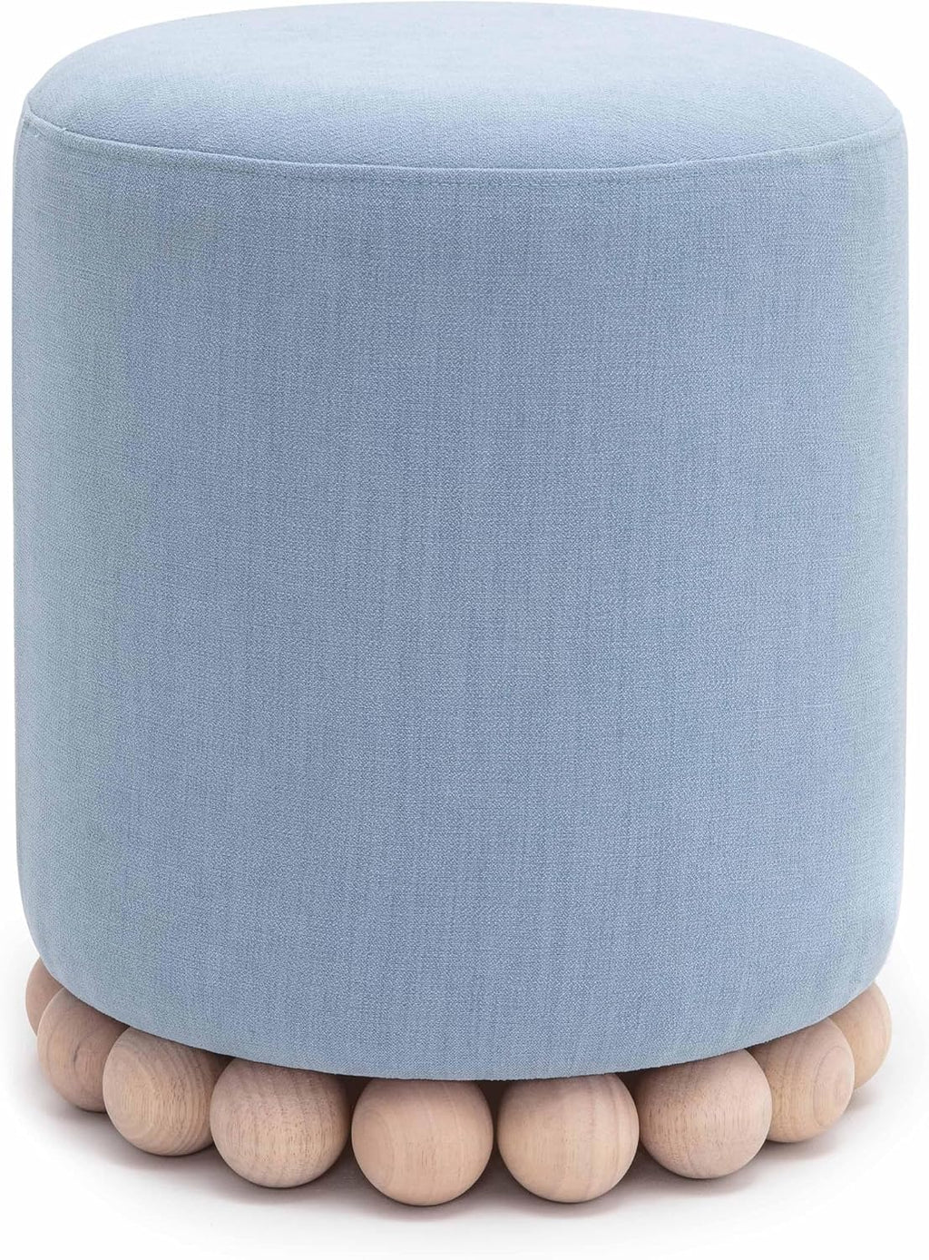 First of a Kind Ottoman Foot Rest - Faded Blue Round Ottoman Stool with Solid Wood Spherical Orbs - 15.7" W x 15.7" D x 18.3" H - Handmade, Easy Clean, 330 lbs Weight Capacity