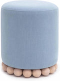 First of a Kind Ottoman Foot Rest - Faded Blue Round Ottoman Stool with Solid Wood Spherical Orbs - 15.7" W x 15.7" D x 18.3" H - Handmade, Easy Clean, 330 lbs Weight Capacity