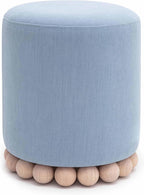 First of a Kind Ottoman Foot Rest - Faded Blue Round Ottoman Stool with Solid Wood Spherical Orbs - 15.7" W x 15.7" D x 18.3" H - Handmade, Easy Clean, 330 lbs Weight Capacity
