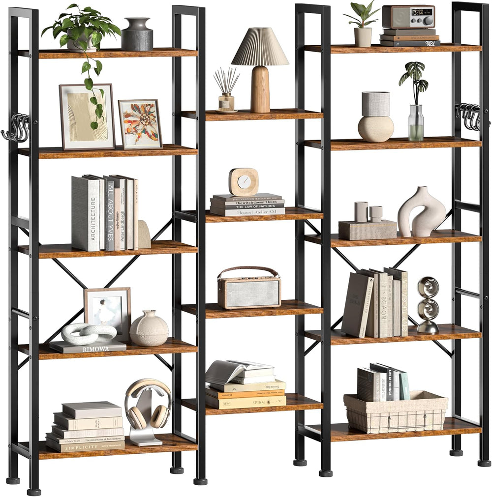 Furologee Triple 5 Tier Bookshelf with 14 Display Shelves, Rustic Brown