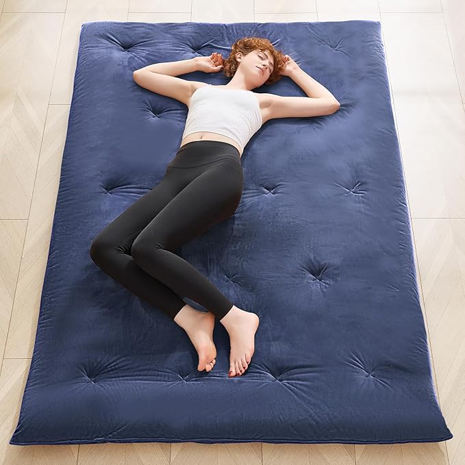 Japanese Floor Futon Mattress Twin Size 38"x 80", 2.5'' Thick Foldable Roll Up Floor Bed Sleeping Pad, 25D Foam Filled Tatami Mat with Straps for Guest Room, Dormitory & Camping, Blue