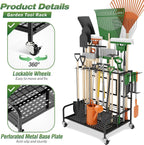 Garden Tool Organizer Rack with Wheels Up to 39 Tools, Heavy-Duty Steel Yard Tool Organizer for Garage Storage with 12 Hooks, Broom Holder & Garden Tool Rack for Shed, Patio, Outdoor Use, Black