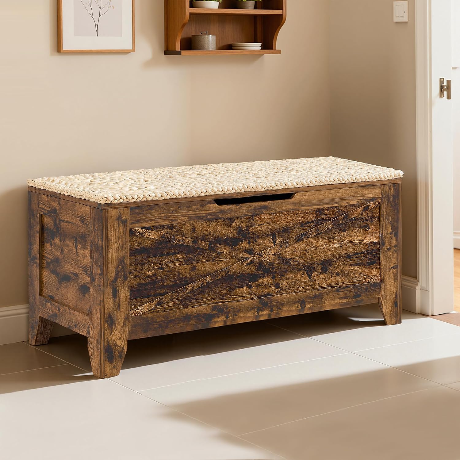 VECELO 43.3" Storage Bench, Entryway Shoe Ottoman, Farmhouse Style Bench with Handwoven Cushion and Metal Safety Hinges, for Bedroom, Living Room, Entryway, Brown