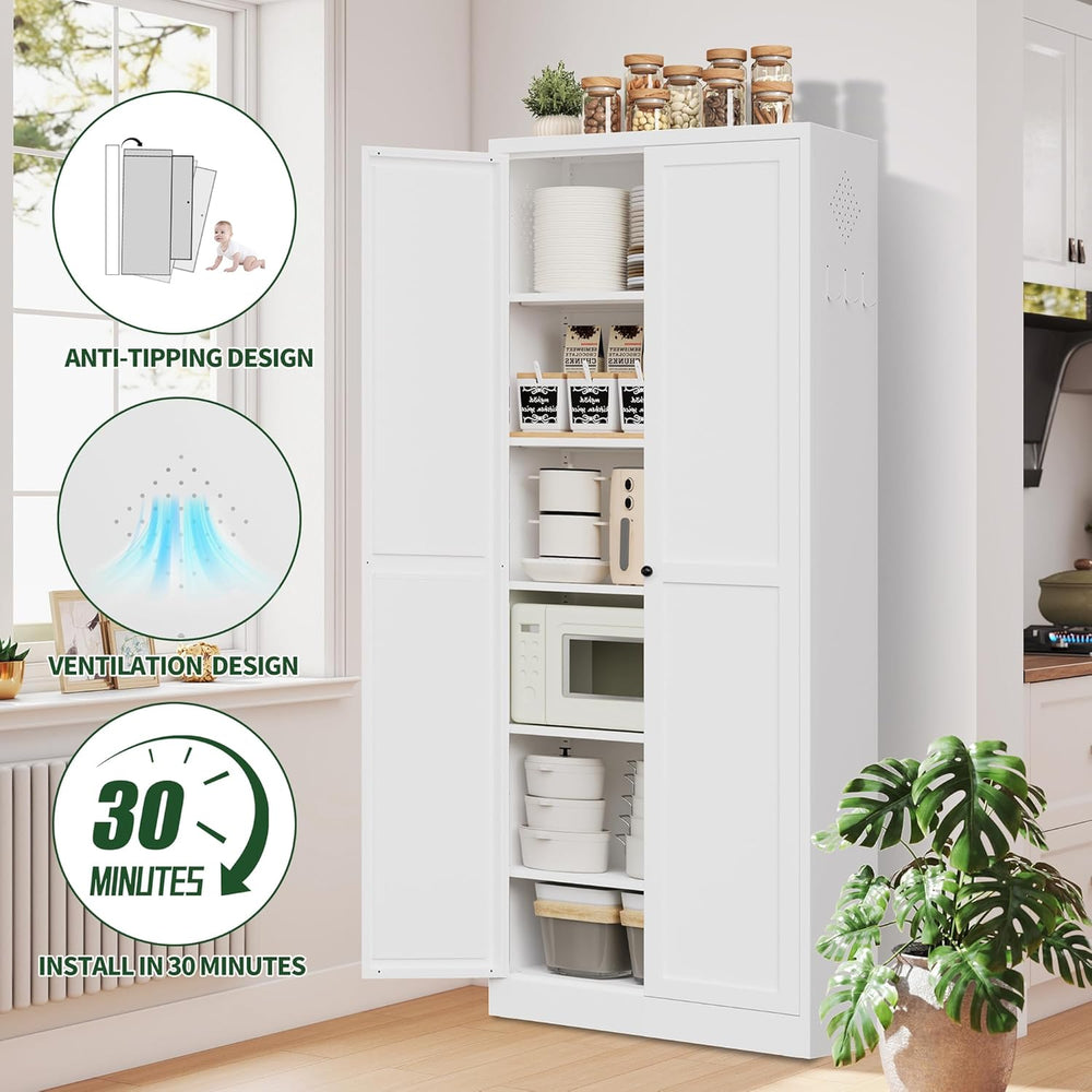 72" Tall Kitchen Pantry Cabinet,White Metal Pantry Cabinet with 2 Doors ...