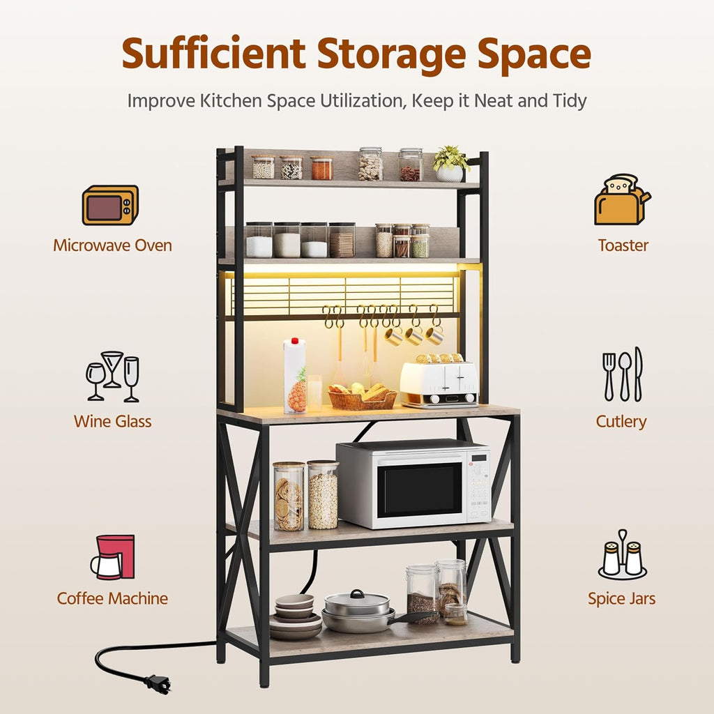 Yaheetech Kitchen Bakers Rack with Power Outlet & LED Lights, 5 Tiers Coffee Bar Table with 8 S Hooks, 64 Inches Tall Microwave Oven Stand with Storage for Spices, Pots, Gray
