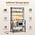Yaheetech Kitchen Bakers Rack with Power Outlet & LED Lights, 5 Tiers Coffee Bar Table with 8 S Hooks, 64 Inches Tall Microwave Oven Stand with Storage for Spices, Pots, Gray