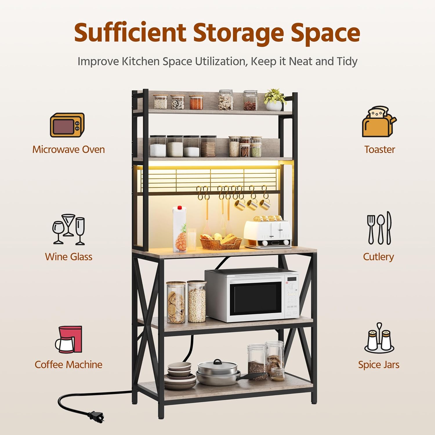 Yaheetech Kitchen Bakers Rack with Power Outlet & LED Lights, 5 Tiers Coffee Bar Table with 8 S Hooks, 64 Inches Tall Microwave Oven Stand with Storage for Spices, Pots, Gray