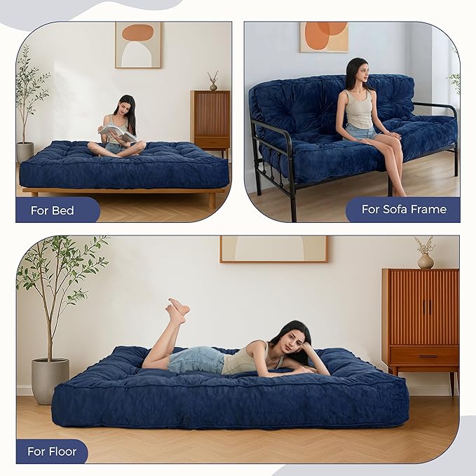MAXYOYO 8" Futon Mattress, Full Size Extra Thick Futons Sofa Couch Bed for Adults, Velvet Floor Mattress Shredded Foam Filling (Frame Not Included)