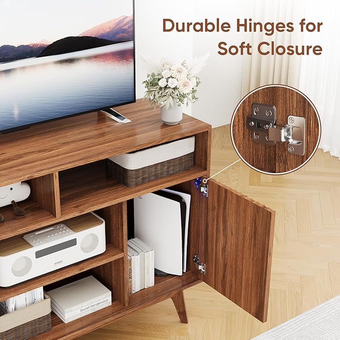 Concho Fluted TV Stand for 60 Inch TV, Modern Entertainment Center with Storage and Shelves, Wood TV Console with Solid Wood Legs, Tall Media Console, TV Cabinet for Living Room and Bedroom, Walnut