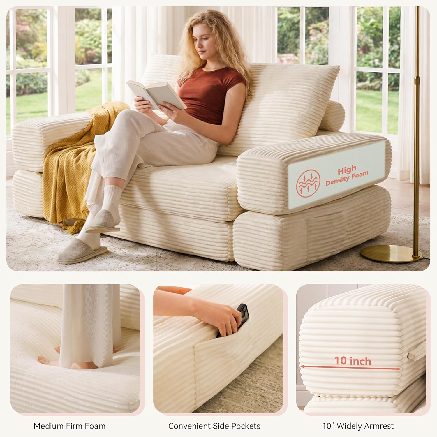 Jocoevol 4-in-1 Convertible Folding Sofa Bed, 78"W x 68"L Queen Size Foldable Sleeper Sofa Bed, Wide Corduroy Upholstery, Boneless Mattress Couch with Armrests & Neck Pillow for Living/Bedroom, Beige