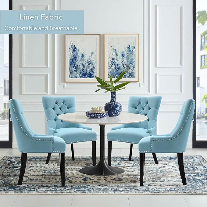 Modern Leisure Linen Dining Chairs Set of 6, Upholstered Dining Chair with Solid Wood Legs, Mid-Century Dining Room Chairs with Pull Ring and Tufted Backrest, Light Blue