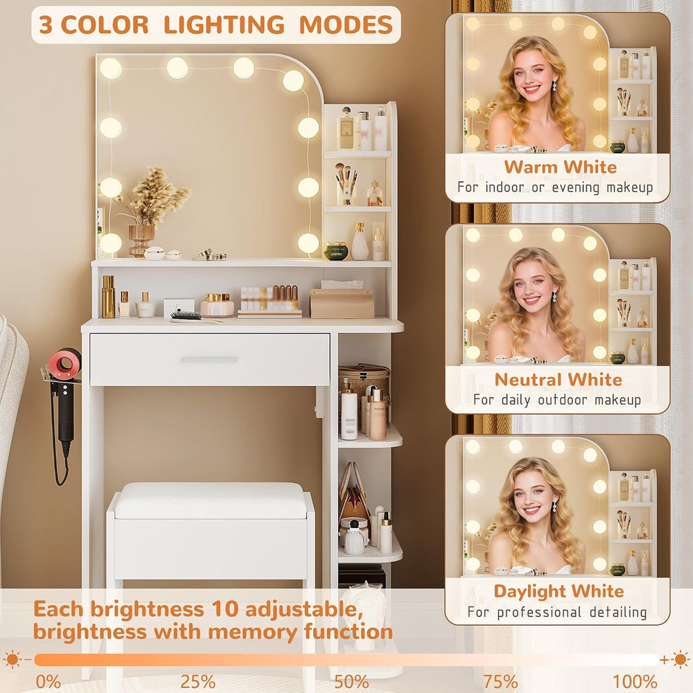 wanan Small Vanity, Set with Chair, Big Mirror & Lights, for Girls, White...
