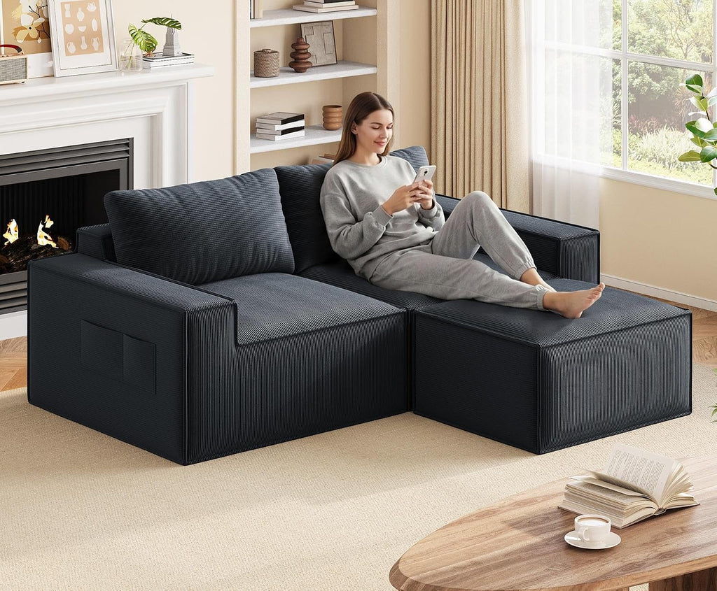 Boneless Cloud Couch, 80" Loveseat Sectional Sofa with Ottoman, Black | Corduroy No Assembly Modular L Shaped Floor Couch for Living Room, Small Space