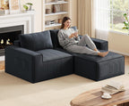 Boneless Cloud Couch, 80" Loveseat Sectional Sofa with Ottoman, Black | Corduroy No Assembly Modular L Shaped Floor Couch for Living Room, Small Space