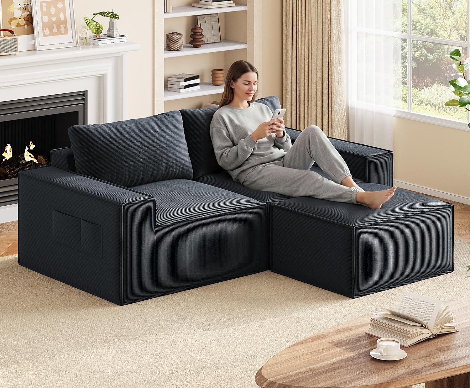 Boneless Cloud Couch, 80" Loveseat Sectional Sofa with Ottoman, Black | Corduroy No Assembly Modular L Shaped Floor Couch for Living Room, Small Space