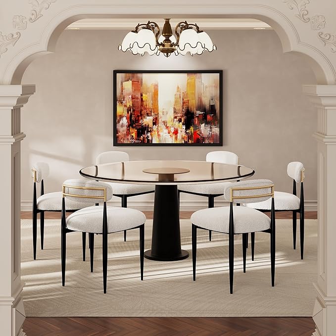 Morden Fort Modern Dining Chairs Set of 6, White Armless Chairs with Curved Backrest and Black Metal Legs for Dining Room, Kitchen, Living Room and Reception