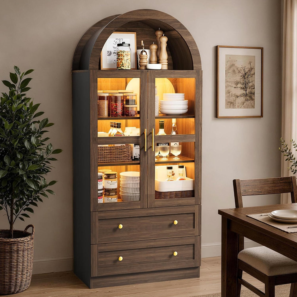 71" Tall Arched Kitchen Pantry Cabinet with LED Light, Modern Farmhouse ...