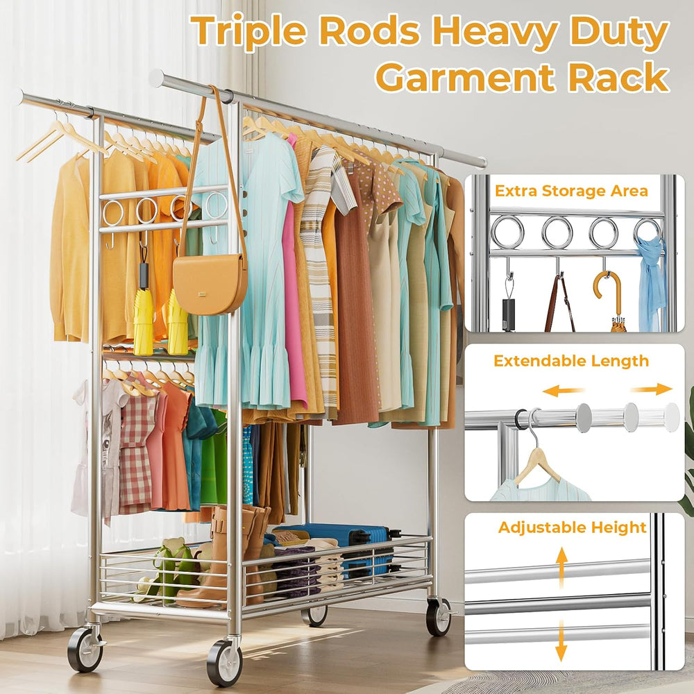 Heavy Duty Clothes Rack Load 960LBS, Three Rods Rolling Clothing Racks for Ha...