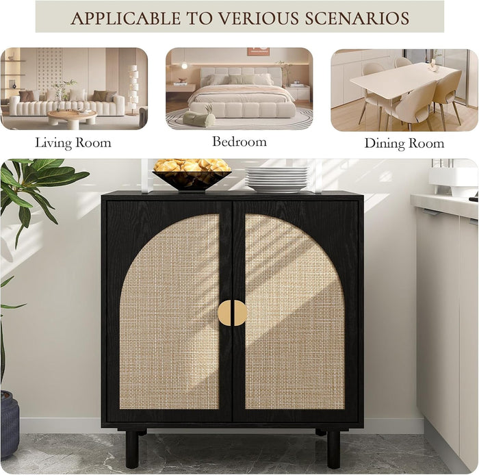 2 Doors Rattan Sideboard Cabinet– 31.5”L for Entryway/Living Room/Dining Console Table Storage, Moisture-Proof, Sturdy Golden Semi-Circular Metal Handles