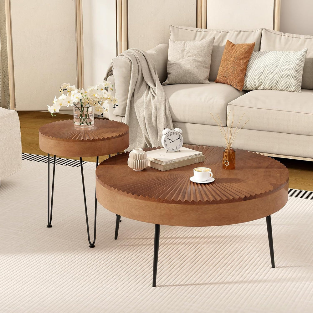 COSTWAY Farmhouse Round Coffee Table Set of 2, Rustic Sofa Side Tea Tables w/...