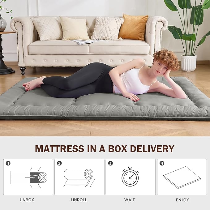 Japanese Floor Futon Mattress Queen Size, 25D High Density Support Foam, 4" Thicken Foldable Mattress Tatami Mat Sleeping Pad Suitable for Camping, Guest Room, Dark Grey 60"x 80"