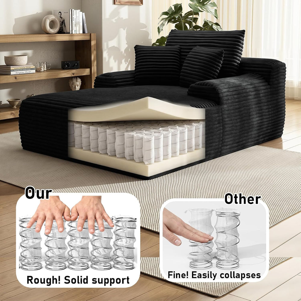 65'' Chaise Lounge Chair Indoor, Black Corduroy Sofa Bed, Lounge Chai...