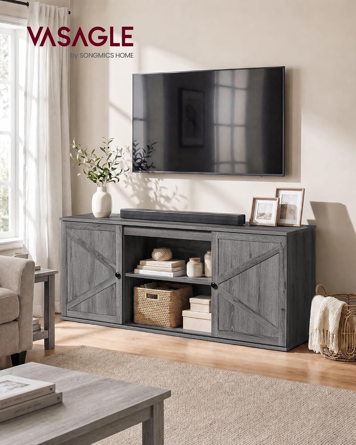 VASAGLE Farmhouse TV Stand for TVs up to 65 Inches, Entertainment Center with Storage Cabinets and Sliding Barn Doors, Media Console Table for Living Room, Grey ULTV535G101
