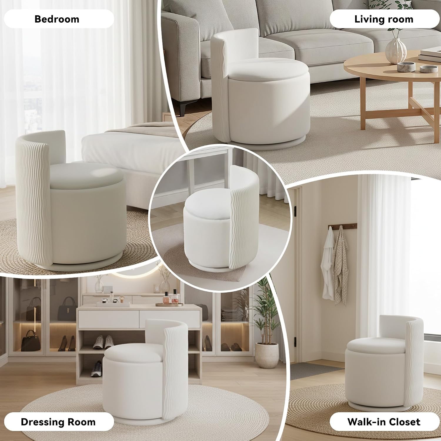 360° Swivel Velvet Vanity Chair with Storage, Barrel Makeup Chair with Wave Back, No Assembly Vanity Stool Small Accent Chairs for Living Room, White