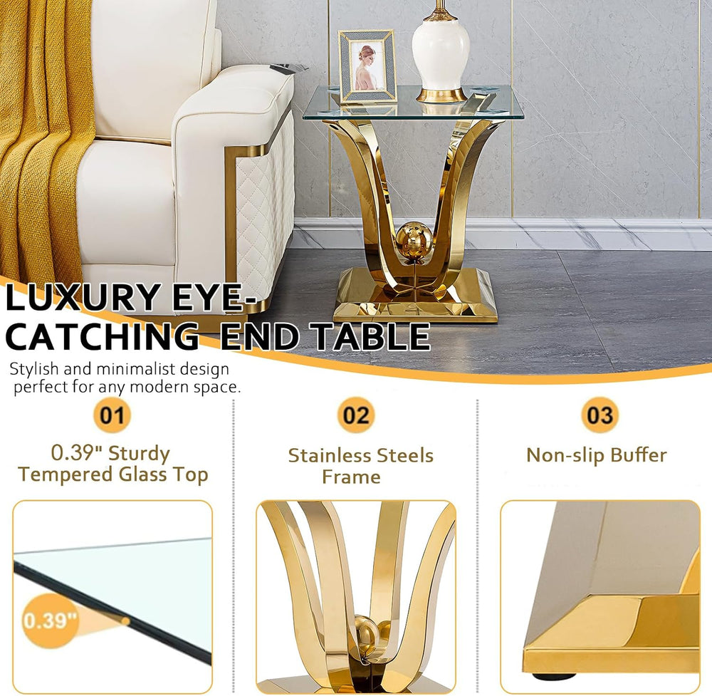 Modern Glass End Table Square Gold Living Room Table Sofa Side Table with 0.4...