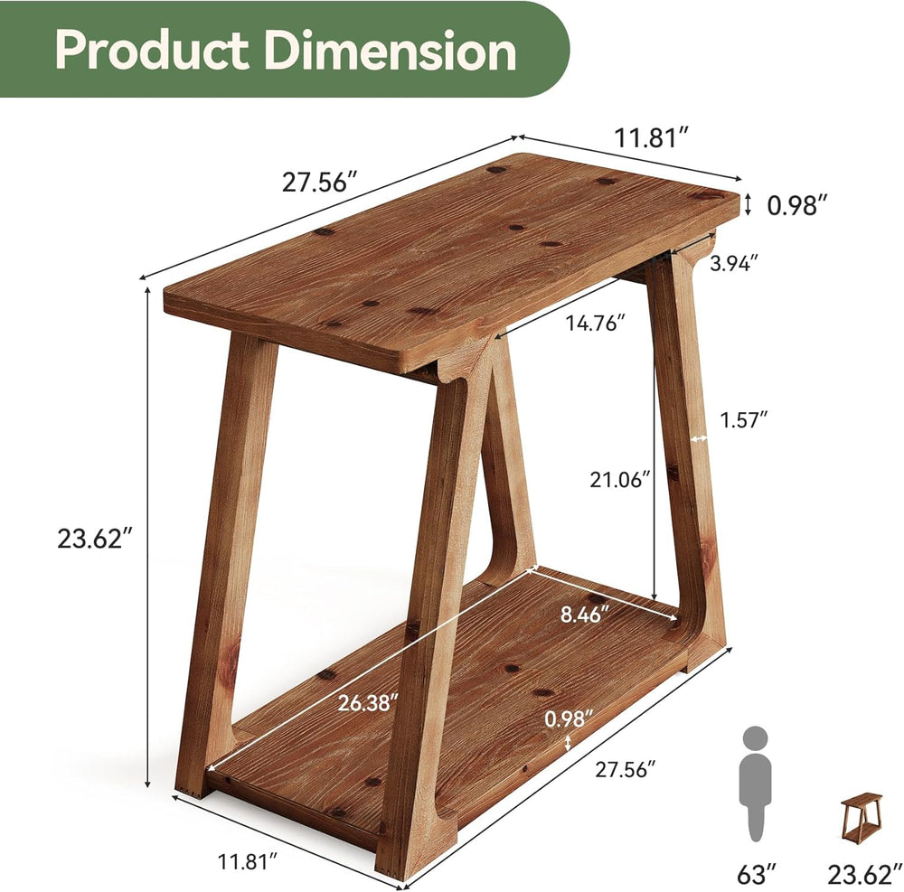 Solid Wood End Table for Living Room, 2-Tier Narrow Rustic Side Table, Rectan...