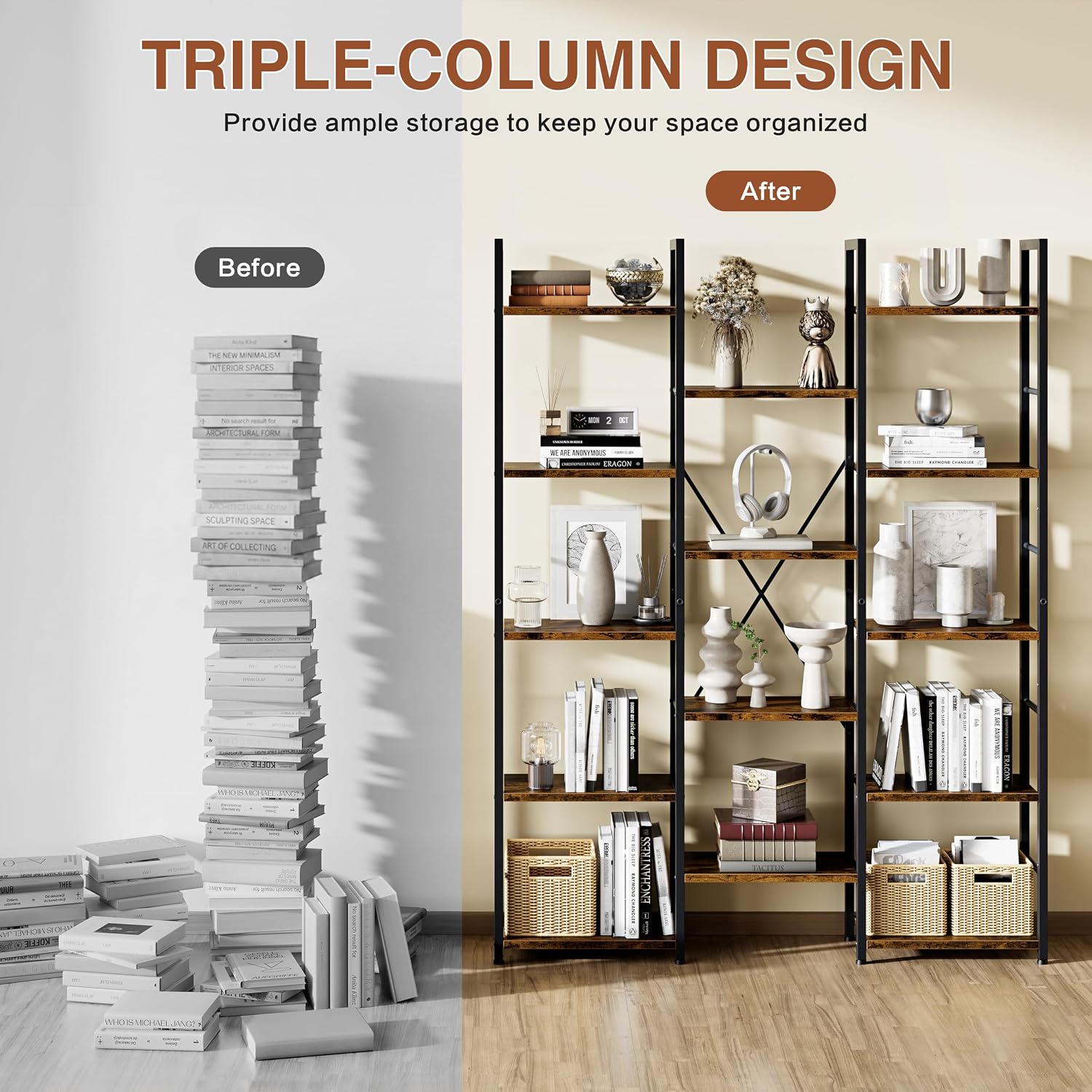 Shintenchi Triple Column 5 Tier Bookshelf, Industrial Large Bookcase Display Shelves, Large Etagere Bookshelf,Wide Book Shelf Book Case for Home & Office, Rustic Brown