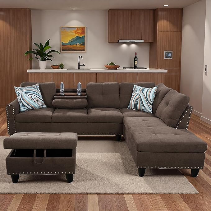 Sectional Couches for Living Room with Movable Chaise & Storage Ottoman - 97.5" Linen L Shaped Couches for Living Room Apartment, Home Modular Sectional Sofas with Cup Holder, Coffee