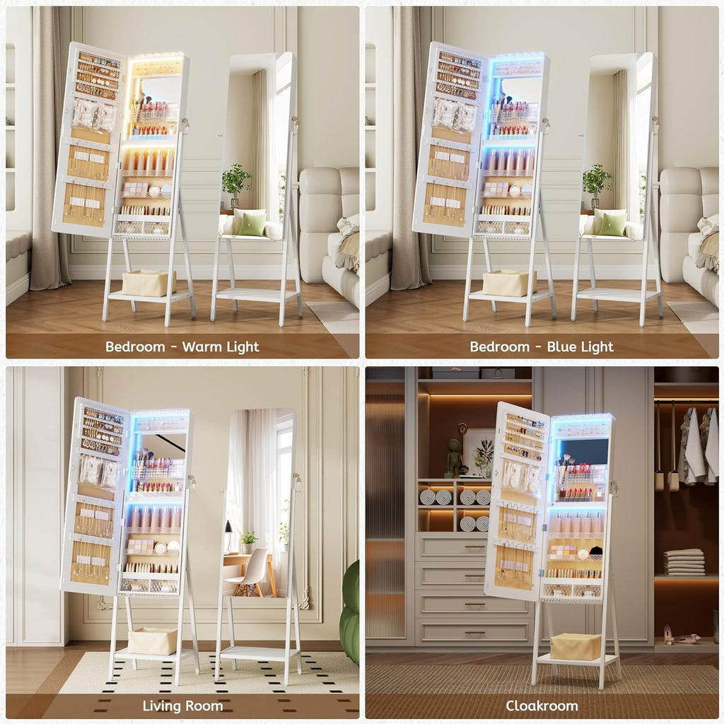 LVSOMT Jewelry Armoire Cabinet Standing, Full Length Mirror with Storage | Space-saving Mirror with Jewelry Storage, Built-in LED Makeup Mirror, Jewelry Organizer Cabinet for Women, White