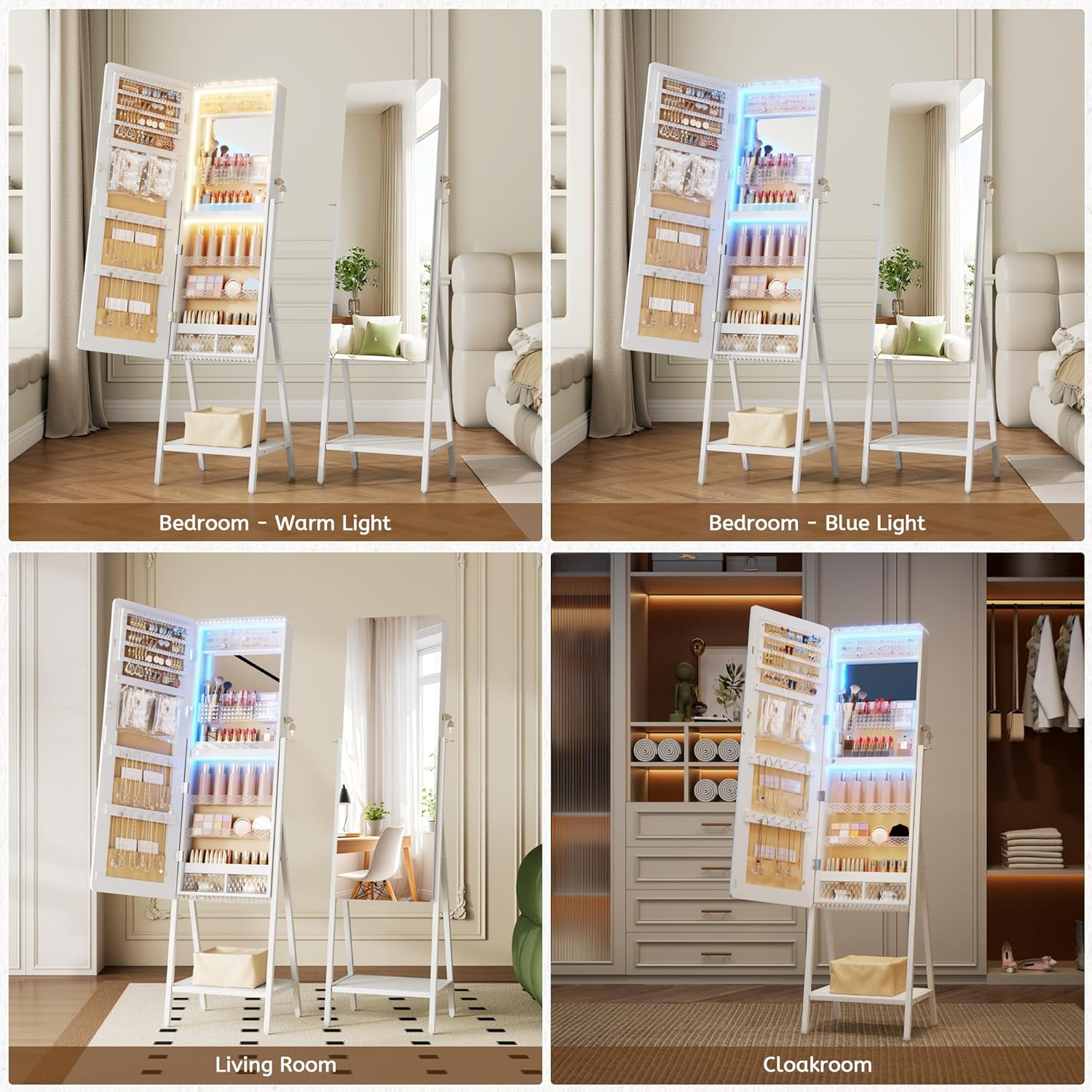 LVSOMT Jewelry Armoire Cabinet Standing, Full Length Mirror with Storage | Space-saving Mirror with Jewelry Storage, Built-in LED Makeup Mirror, Jewelry Organizer Cabinet for Women, White