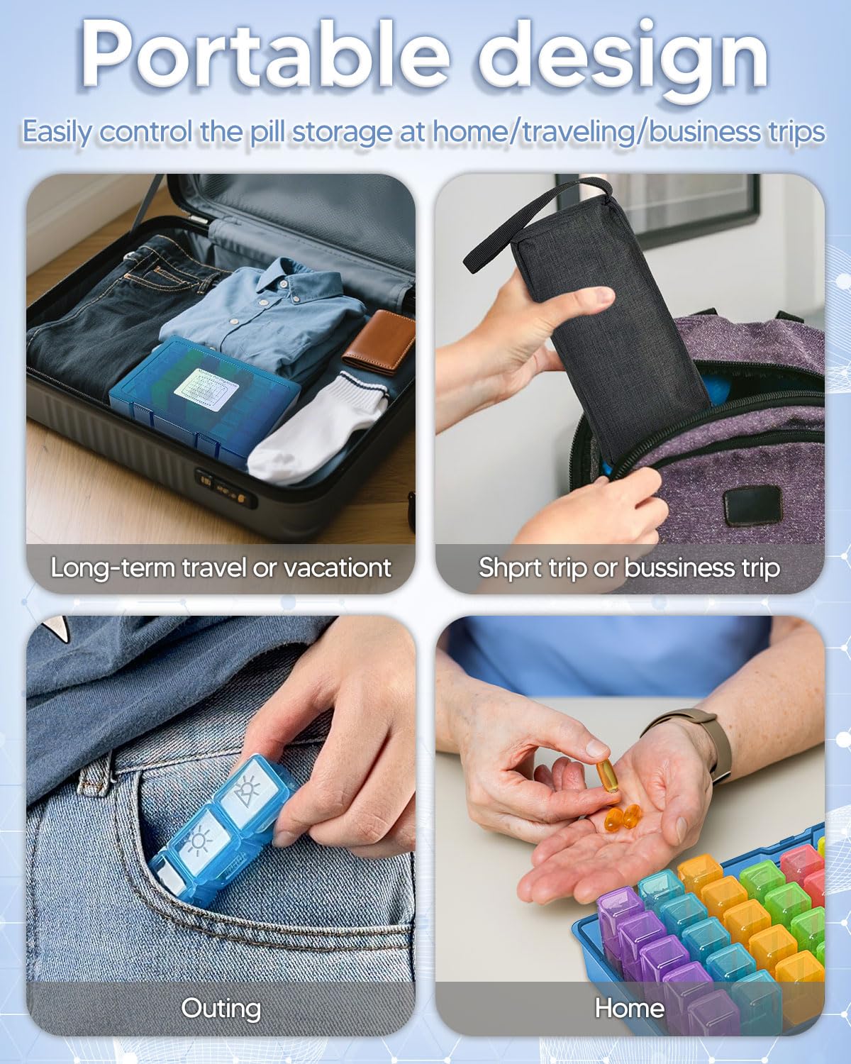 Monthly Pill Organizer 2 Times a Day, FRIWOLE Medicine Box with Portable Weekly Pill Bag, Keychain Pill Case, Pill Cutter and 2 Sticker(Blue, 2 Times a Day)