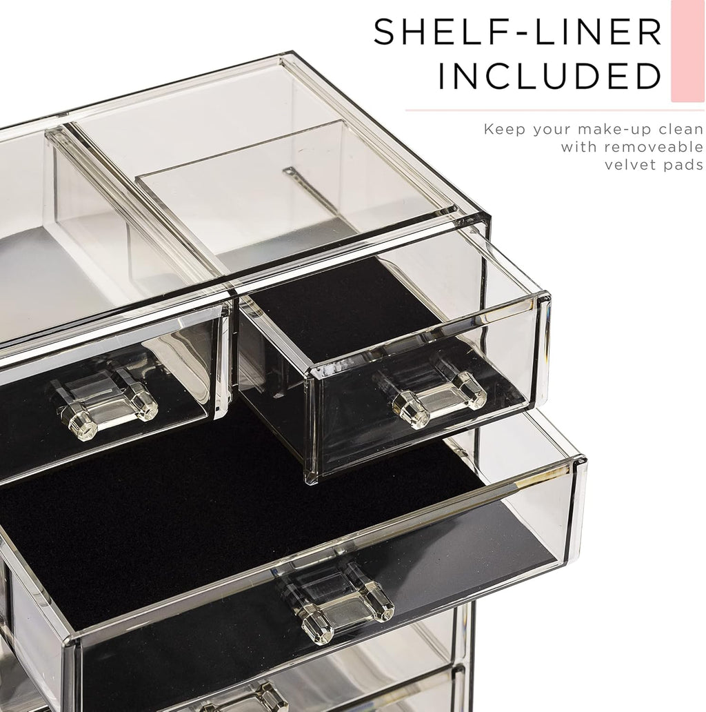 Sorbus Acrylic Makeup Organizer Set, 6-Drawer Vanity & Countertop Cosmetic Storage with Small & Wide Compartments, Black-Tint Makeup Storage for Brushes, Jewelry – Holiday Gift for Women & Teens
