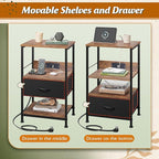 WLIVE LED Night Stand, Nightstand with Charging Station, Small Bed Side Table with Fabric Drawer and Open Shelves, Tall End Table with USB Ports & Outlets, Black and Rustic Brown