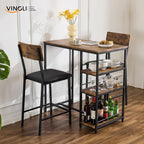 VINGLI Dining Table Set for 2, Kitchen Breakfast Counter Height Small 3 Piece Bar Table and Chairs Set with Storage, Brown