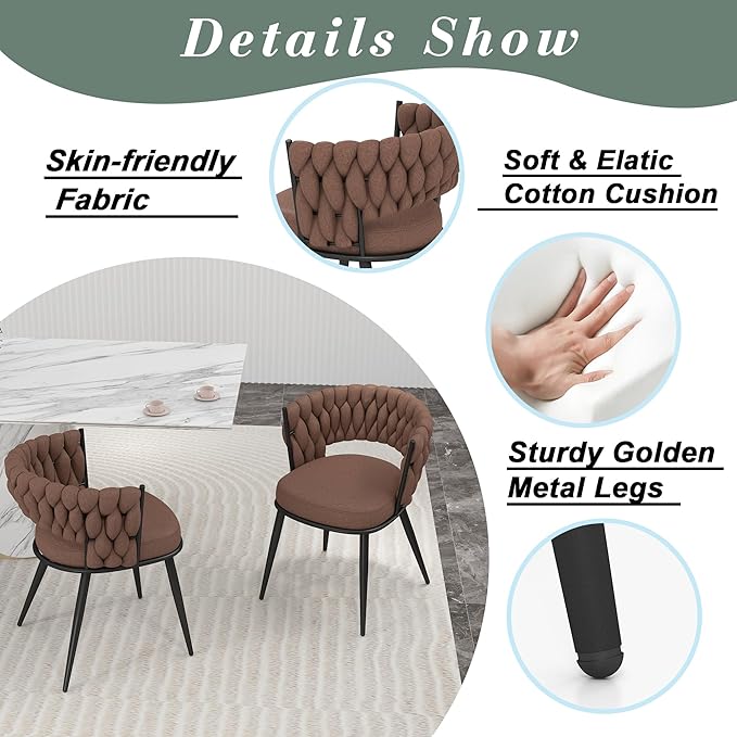 KCC Fabric Dining Chairs Set of 6, Modern Dining Chair with Metal Legs, Woven Upholstered Dining Chairs for Dining Room, Kitchen, Vanity, Living Room (Brown)