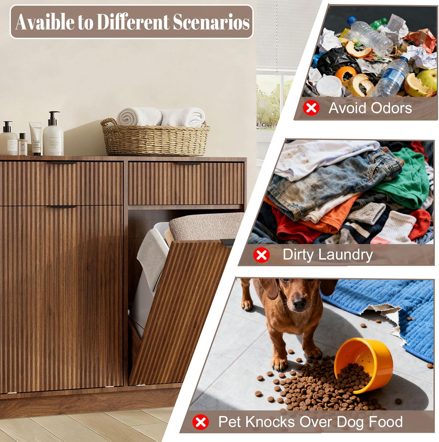 Double Tilt Out Trash Can Cabinet, Laundry Hamper Cabinet with 2 Drawers, Trash Can Holder Cabinet, Wave-Textured Front, 2 × 10 Gallon, Walnut