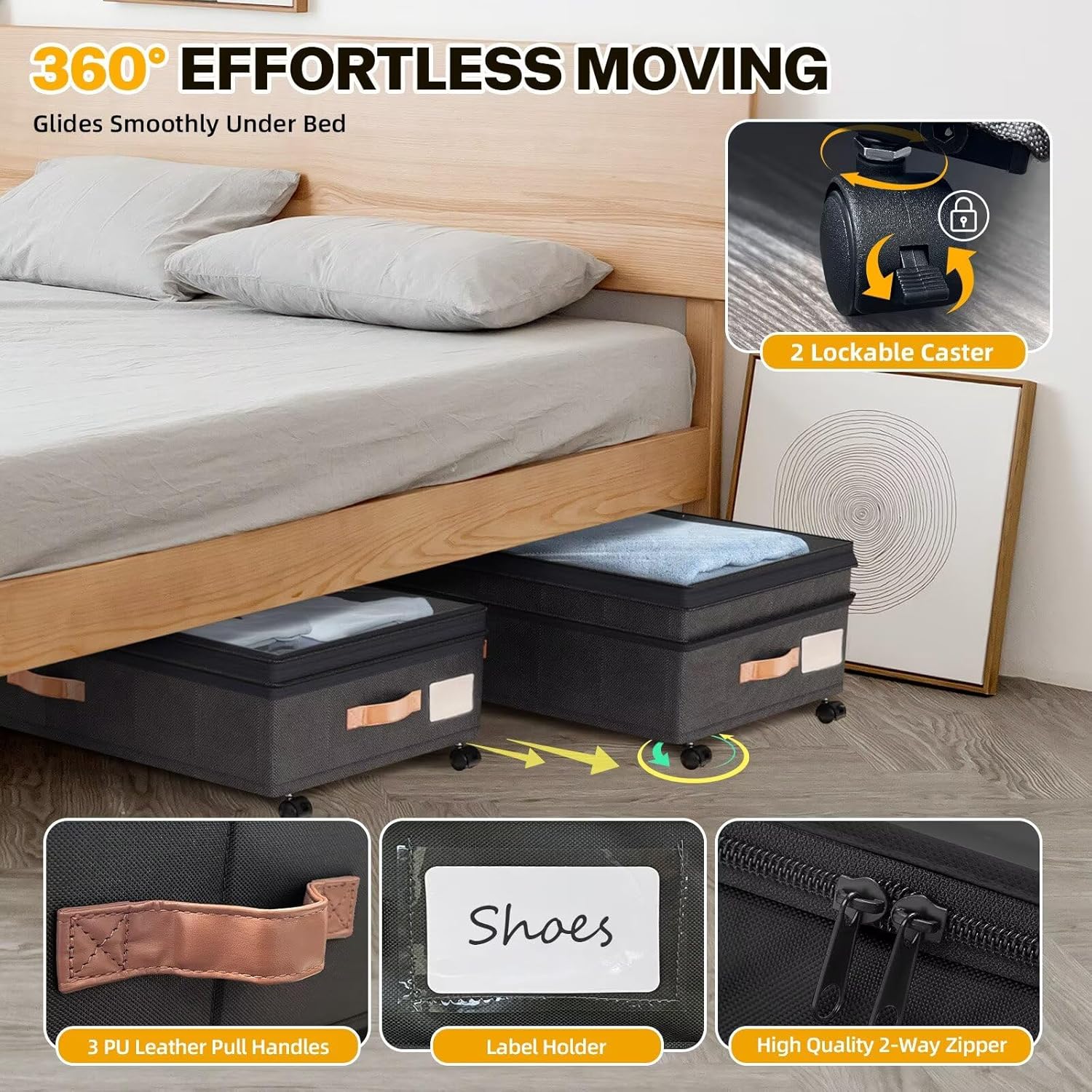 Under Bed Storage with Wheels, 2 Pack XXL Rolling Storage Containers, 10'' Adjustable Underbed Organizer with Lids for Clothes Blankets Shoes, Black