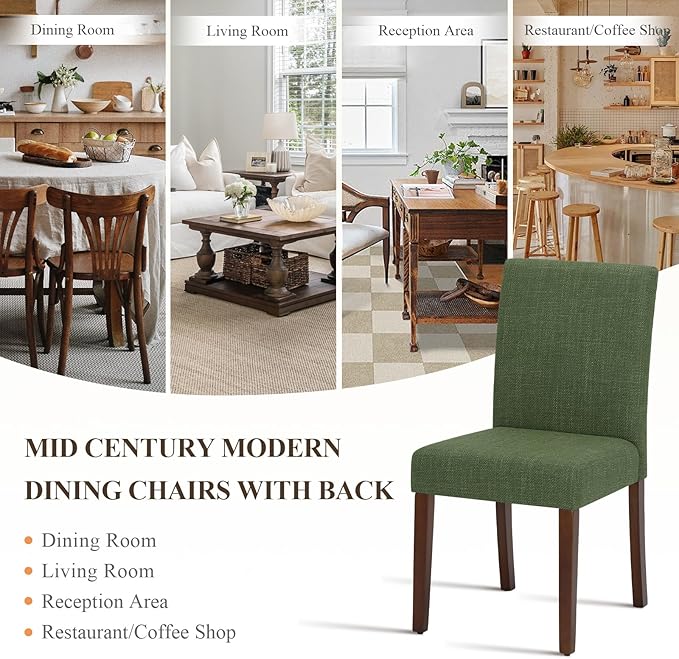 Upholstered Parsons Dining Chairs Set of 2, Modern Dining Room Chairs with Back, Fabric Kitchen Side Chairs with Wood Legs for Dinner Farmhouse Restaurant, Green