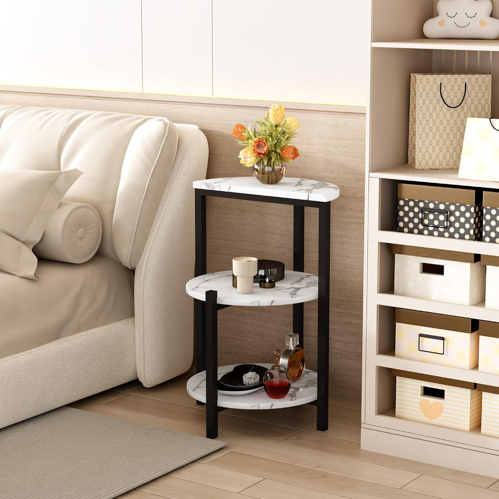 White and Black End Tables Set of 2, Round Marble Nightstand Set of 2 for Bed...