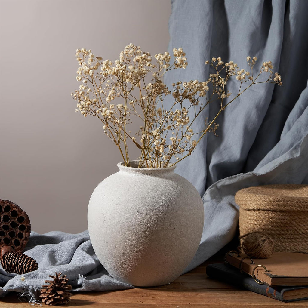 7.8 Inch White Ceramic Vase, Rustic Farmhouse Décor | Round stone-look finish, fits dried flowers, greenery, table centerpieces, weddings, holidays, bathroom, and entryway
