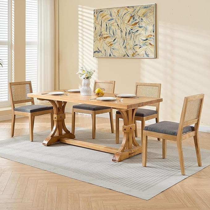 French Country Dining Chairs Set of 2, Grey Kitchen & Dining Room Chairs Set of 2, Rattan Dining Chairs, Cane Low Back, Wood Legs, Sillas De Comedor (Rattan, Gray, 2Pcs)