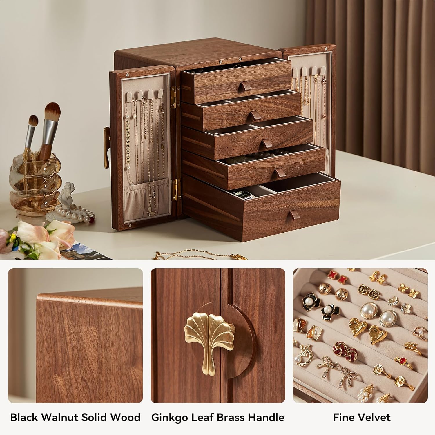 CHOSIN Black Walnut Wooden Jewelry Box 5 Layer Large Wood Jewelry Organizer Brass Handle for Necklaces Rings Earrings Watches Storage Christmas Gifts(7.9x8.7x10.0inches)
